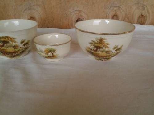 a set of three vintage hayride pattern porcealin sugar bowls