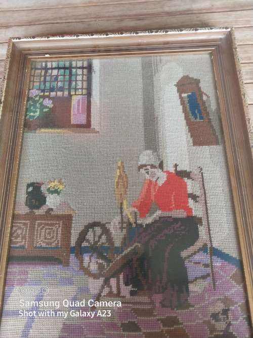 Framed stunning  vintage spinng wheel tapestries