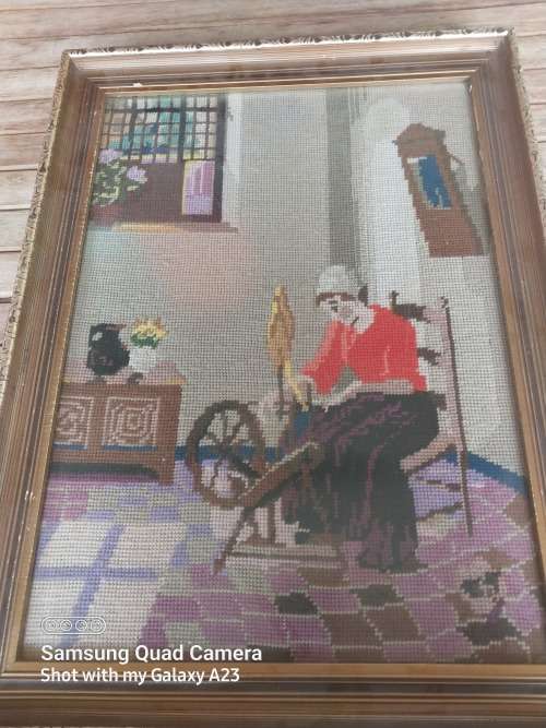 Framed stunning  vintage spinng wheel tapestries