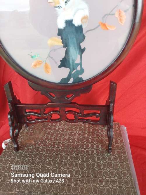 Oriental  framed on stand cat tapestry in the original  material  covered  box