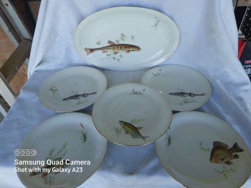 Vintage forgein porcelain fish scene platter and plates
