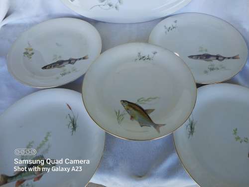 Vintage forgein porcelain fish scene platter and plates
