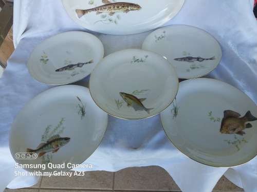 Vintage forgein porcelain fish scene platter and plates