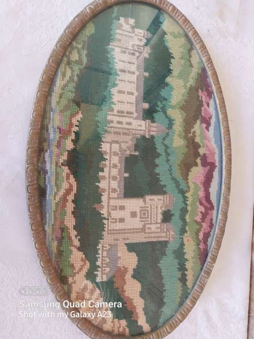 Oval vintage framed building scene tapestry