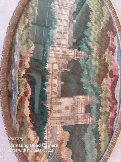 Oval vintage framed building scene tapestry