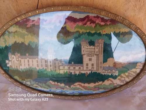 Oval vintage framed building scene tapestry