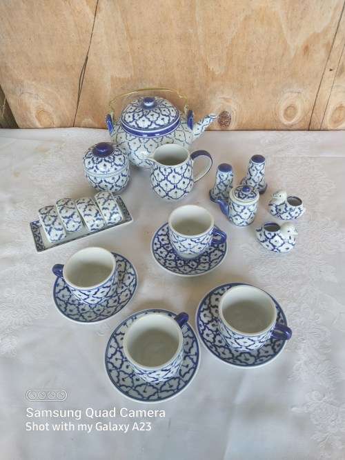 Blue and white oriental style tea set