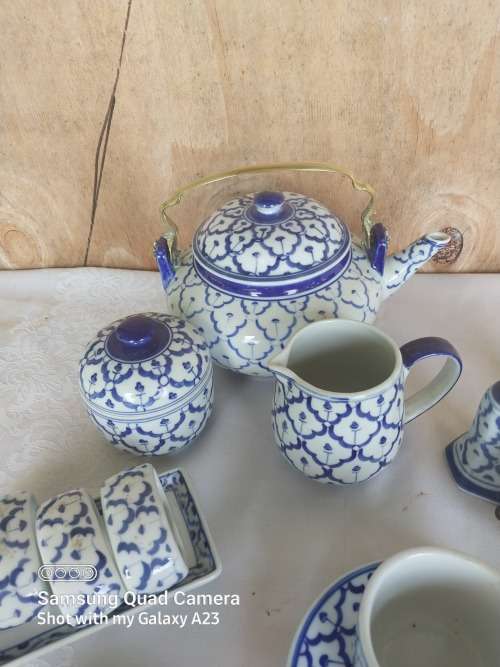 Blue and white oriental style tea set