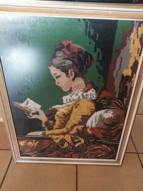 Framed vintage lady scene tapestries reading a book