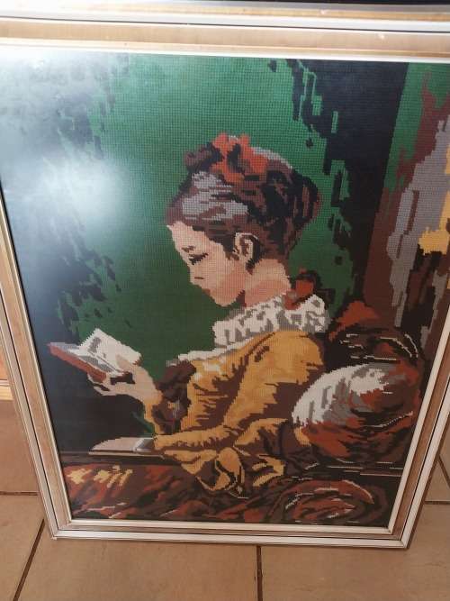 Framed vintage lady scene tapestries reading a book
