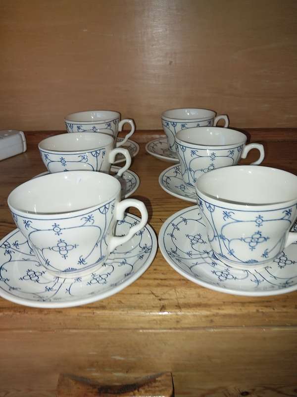 Set of six blue and white made in England tea cup duos