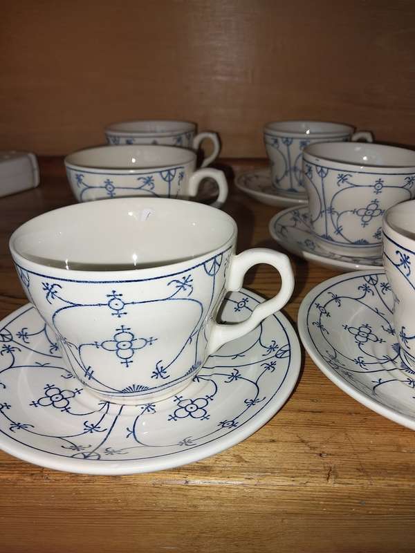 Set of six blue and white made in England tea cup duos