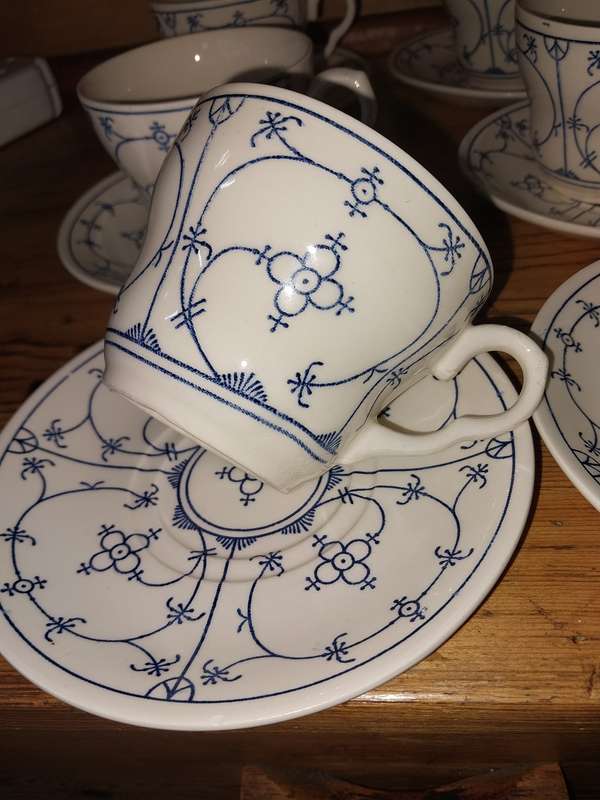 Set of six blue and white made in England tea cup duos