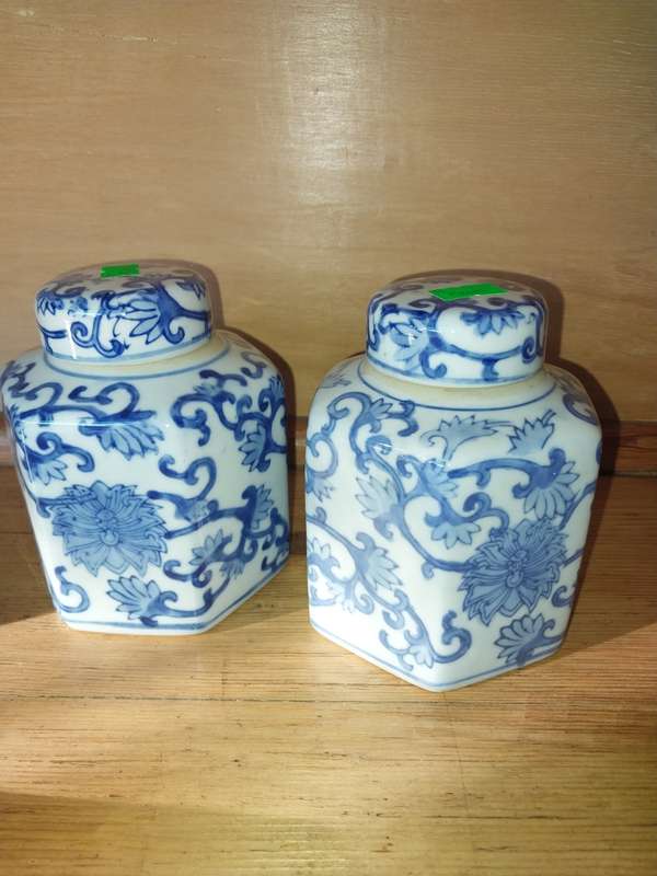 A pair of blue and white small ginger jars
