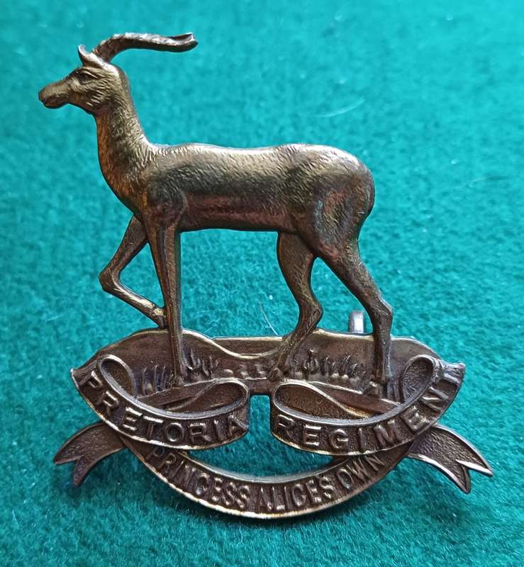 UDF Pretoria Regt, Princess Alice`s Own, brass Helmet & Cap badge. worn 1931 - 43. Owen 675