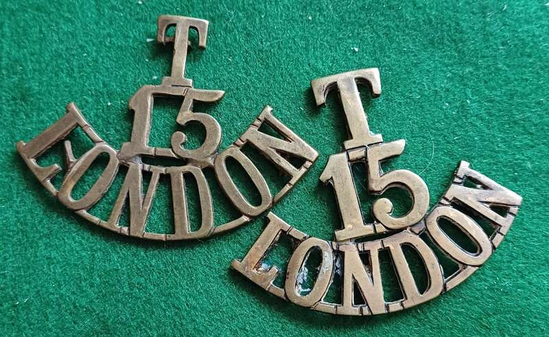 British Army, 15th London Regt Territorial brass titles x 2