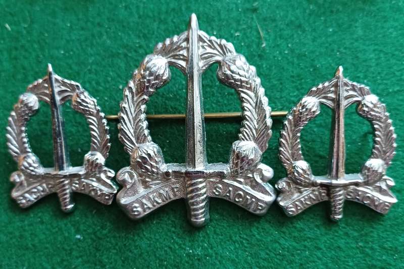 SA Corps of Military Police chrome cap and collar badges pair