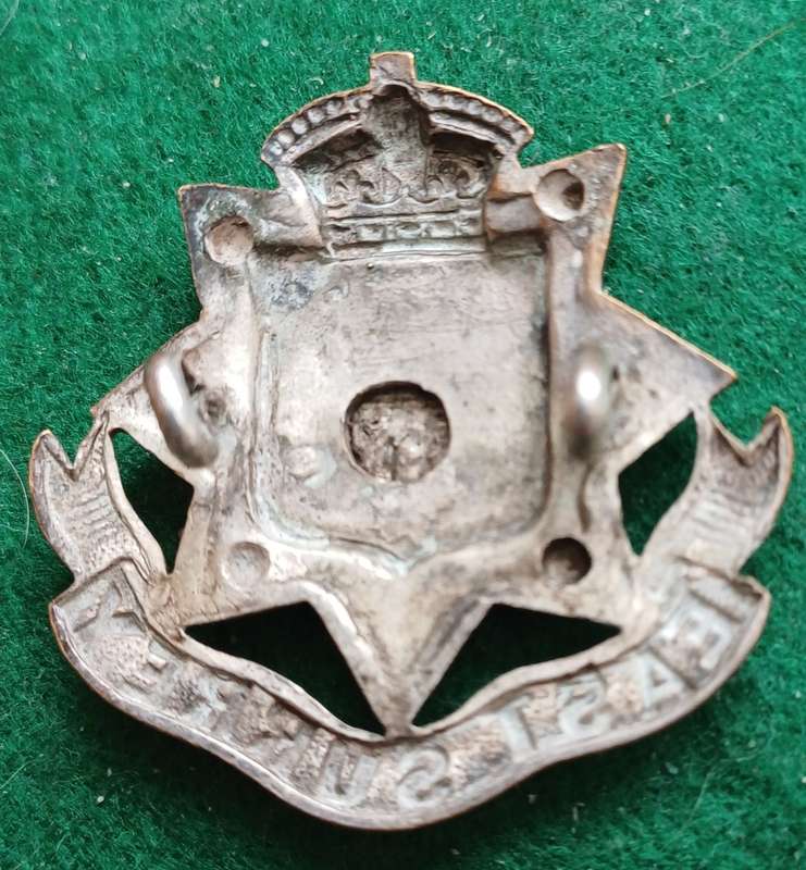 British Army, East Surrey Regt Officers BiM QVC cap badge, Victorian with lugs, possibly silver