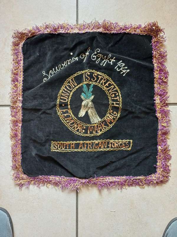 SA UDF, Springboks, South African Forces, WWII, embroidered velvet cloth, from Egypt 1941