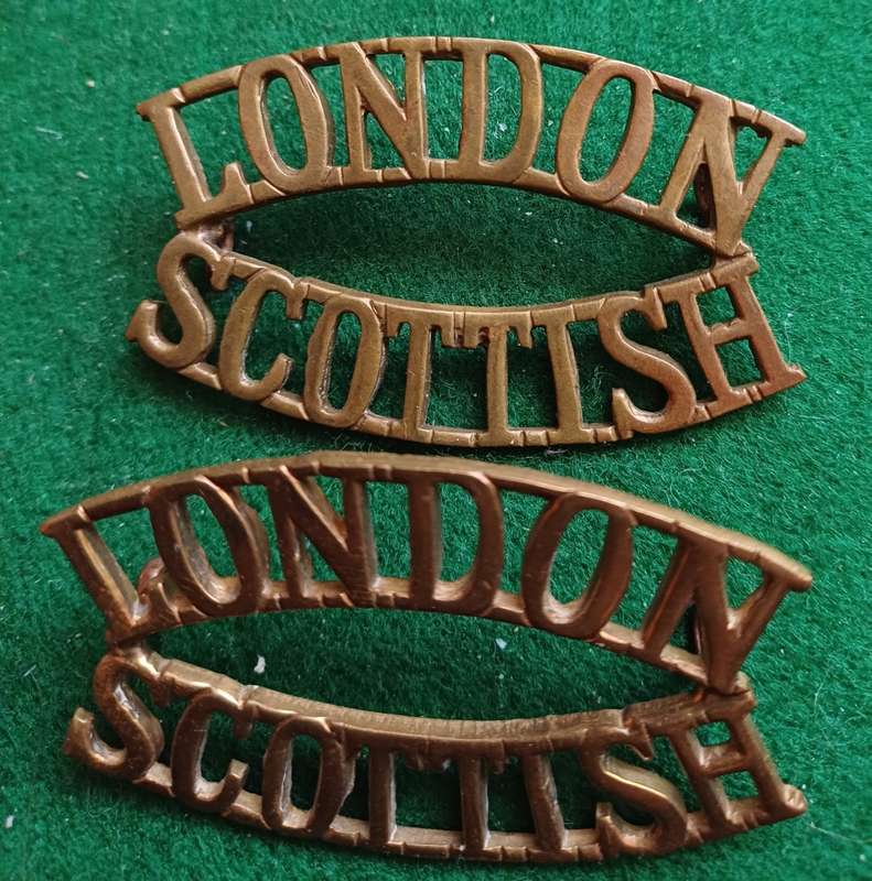 British Army, London Scottish brass titles pair