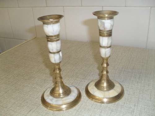 (aug70) a PAIR BRASS & MOTHER OF PEARL CANDLE STICK HOLDERS - hgt 15.5cm base 7.5cm