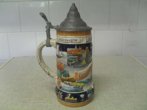(feb5) a VERY LARGE GERZ GERMAN STEIN BEER MUG TANKARD - 25cm tall (incl.lid) base 9cm