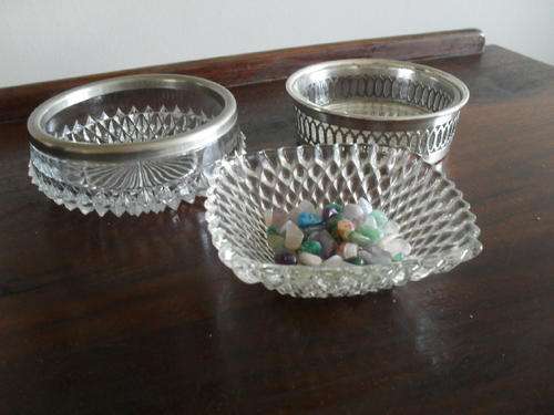 3x  LOVELY GLASS BOWLS -1x SILVER PLATED RIM, 1x SILVER PLATED HOLDER, 1x HOBNAIL with GEMSTONES