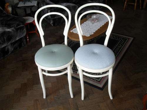 2x  VINTAGE  BENTWOOD CHAIRS.  -Painted white with covered seats.