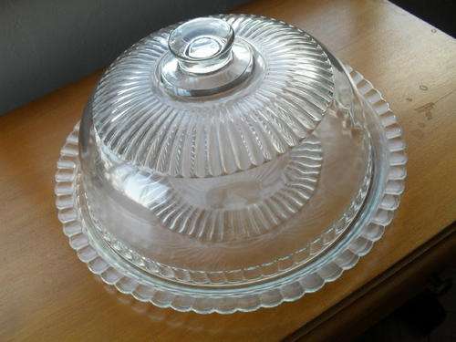 A LOVELY THICK CLEAR GLASS PLATTER AND DOME TO SERVE A DELICIOUS BLACK FOREST CAKE