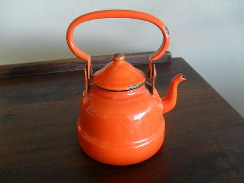 A DELIGHTFUL BRIGHT ORANGE ENAMEL COFFEE POT -made in Yugoslavia