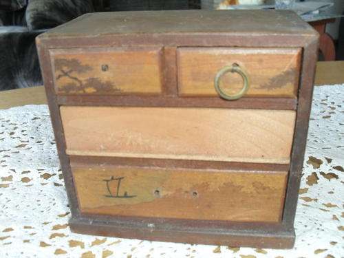 LITTLE VINTAGE WOODEN CHEST OF DRAWERS  -  chinese drawings? -4x drawers. 11cm x 6cm x 10cm.