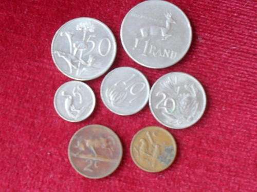 7x OLD  SOUTH AFRICAN COINS -R1=1997, 50c =1988, 20c =1984, 10c =1975, 5c =1974, 2c =1966, 1c =1976.