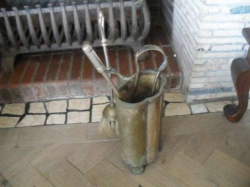 M(aW195)SET OF 3x ANTIQUE   FIRE TOOLS - CONTAINER with 3 feet. -silver plating worn down to brass.
