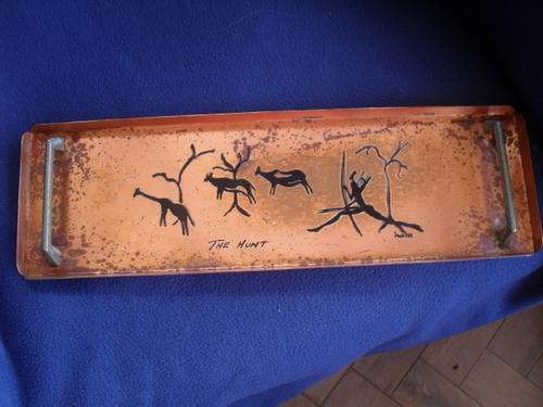 A BEAUTIFULLY DEPICTED VINTAGE -BUSHMAN -THE HUNT -Black Enamel ? on a COPPER TRAY -with handles
