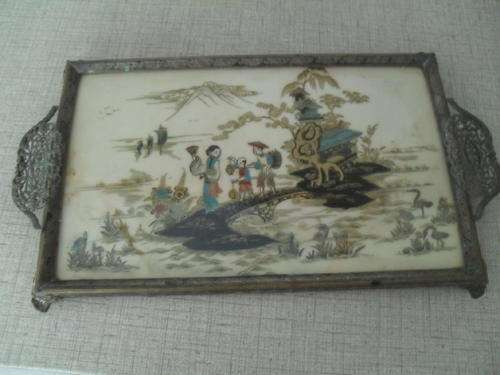 A BEAUTIFUL CHINESE PICTURED, GLASS AND METAL DRESSING TABLE TRAY -VANITY HOLDER