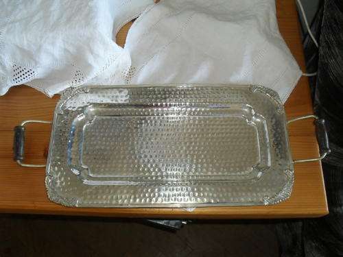 (37)VINTAGE HAMMERED SILVER PLATED TRAY with WOODEN HANDLES -incl handles 54cm x 23cm x 2cm deep