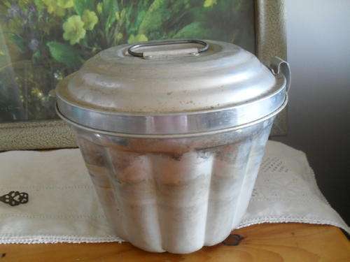(12)A HUGE ALUMINIUM STEAM PUDDING BOWL with  LID. -height with lid - 17cm opening 20cm base 13cm