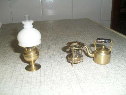 3x niknaks for shadow box / printers tray - SOLID BRASS - handcrafted  OIL, KETTLE AND PRIMUS STOVE