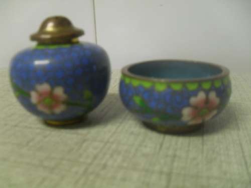 * #A VINTAGE OPEN SALT & SHAKER PEPPER -LOTUS FLOWER CLOISONNE SET