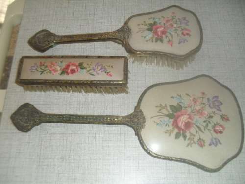 * #FILIGREE METAL HANDLE ANTIQUE DRESSING TABLE SET- Mirror, Brush Clothes brush.