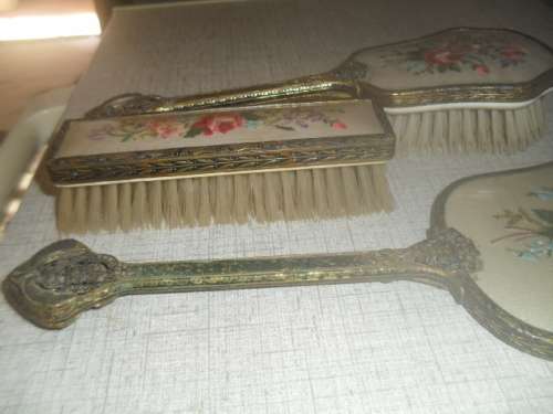 * #FILIGREE METAL HANDLE ANTIQUE DRESSING TABLE SET- Mirror, Brush Clothes brush.