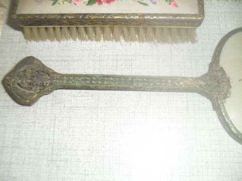 * #FILIGREE METAL HANDLE ANTIQUE DRESSING TABLE SET- Mirror, Brush Clothes brush.