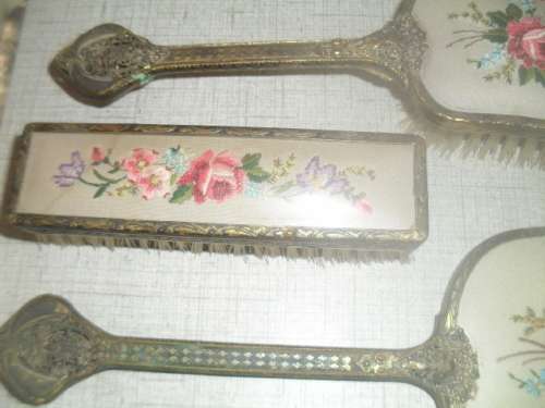 * #FILIGREE METAL HANDLE ANTIQUE DRESSING TABLE SET- Mirror, Brush Clothes brush.