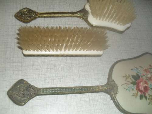 * #FILIGREE METAL HANDLE ANTIQUE DRESSING TABLE SET- Mirror, Brush Clothes brush.