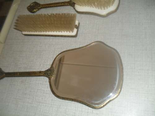 * #FILIGREE METAL HANDLE ANTIQUE DRESSING TABLE SET- Mirror, Brush Clothes brush.