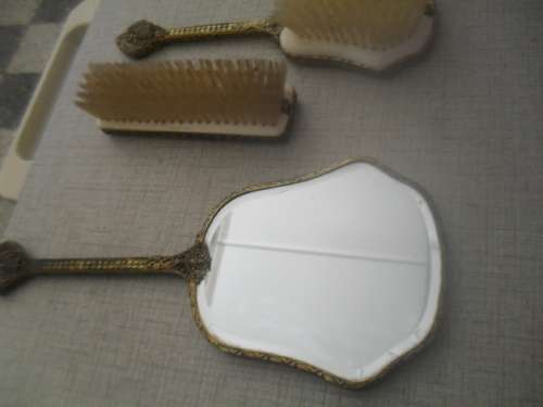 * #FILIGREE METAL HANDLE ANTIQUE DRESSING TABLE SET- Mirror, Brush Clothes brush.