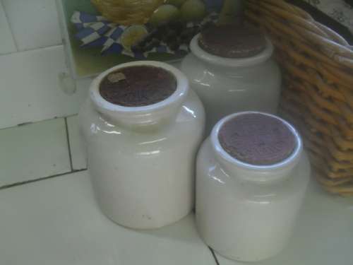 *# 3x VINTAGE LAB FRENCH STONEWARE GREY GLAZE MOUTARDE MEAUX MUSTARD JARS -tallest 12cm base 10cm