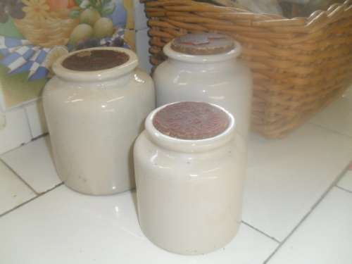 *# 3x VINTAGE LAB FRENCH STONEWARE GREY GLAZE MOUTARDE MEAUX MUSTARD JARS -tallest 12cm base 10cm