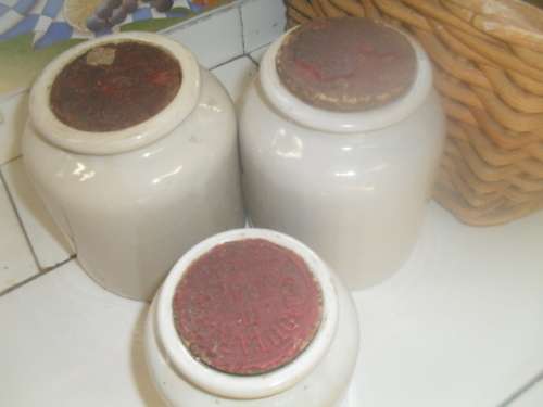 *# 3x VINTAGE LAB FRENCH STONEWARE GREY GLAZE MOUTARDE MEAUX MUSTARD JARS -tallest 12cm base 10cm