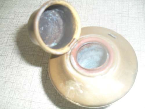 * VICTORIAN TRAVELING BRASS INKWELL.?? not sure- a shoe motif stamped